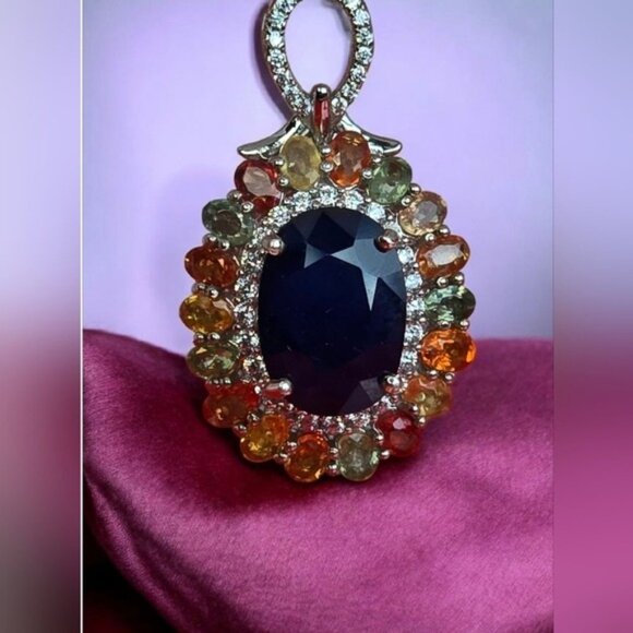 925 Sterling Silver Large Pendant with Blue Sapphire & Multicolor Sapphire Gems - Picture 5 of 12